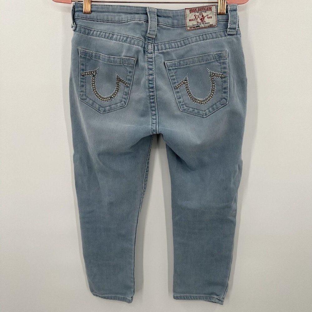 True Religion Curvy Skinny Studded Capri Blue Denim Jean Size 29 - Picture 3 of 5